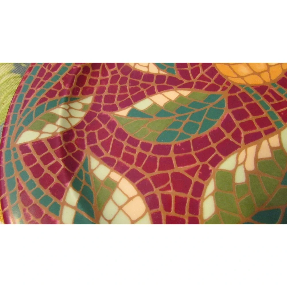 Pier 1 Mosaic Fruit red green pear leaves Salad luncheon 2 plates set lot 8 1/4